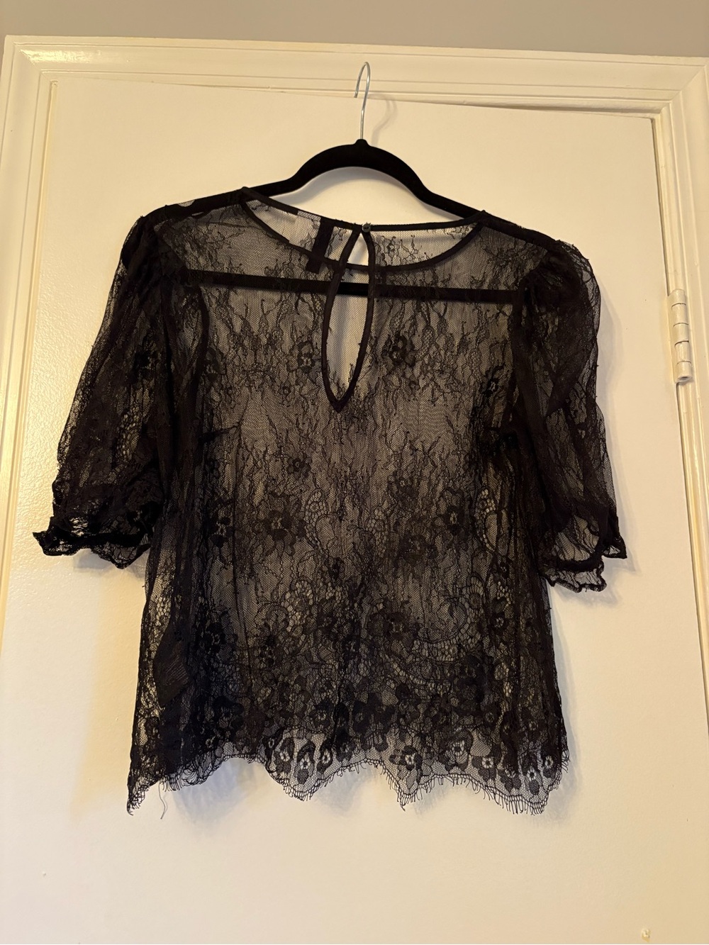H&M Black Sheer Lace Puff-Sleeve Blouse